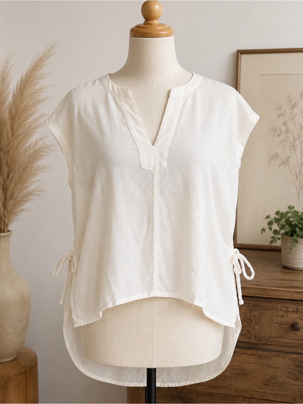 Madewell Ivory Split Neck Tie Side Blouse XS Minimal Coastal Lightweight Top